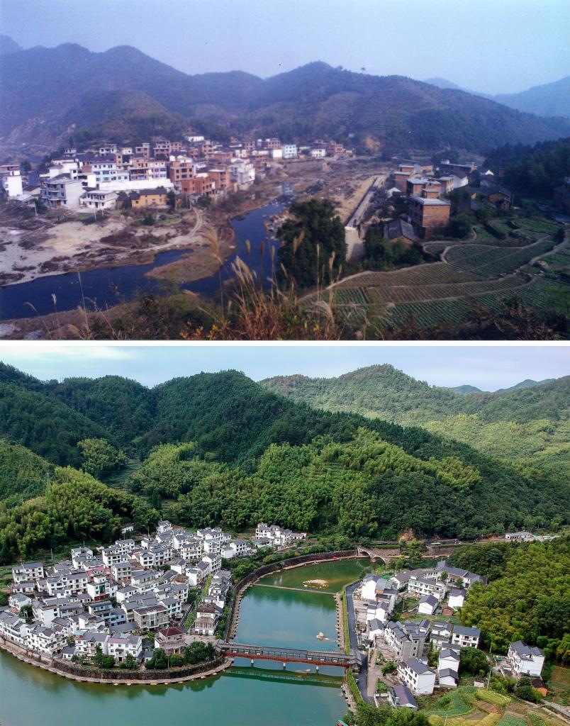 圖為浙江省杭州市淳安縣楓樹(shù)嶺鎮(zhèn)下姜村拼版圖，其中上圖為資料照片、下圖由新華社記者張鋮攝。